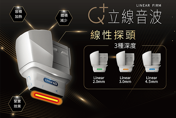 Q+ Linear Firm 超音波設備配備 2.0 毫米、3.0 毫米和 4.5 毫米可互換墨盒，用於緊緻肌膚。非常適合音波拉提。