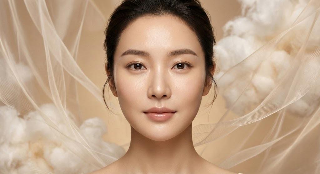 臉部肌膚緊緻的亞洲女性，背景為柔和的米色調。