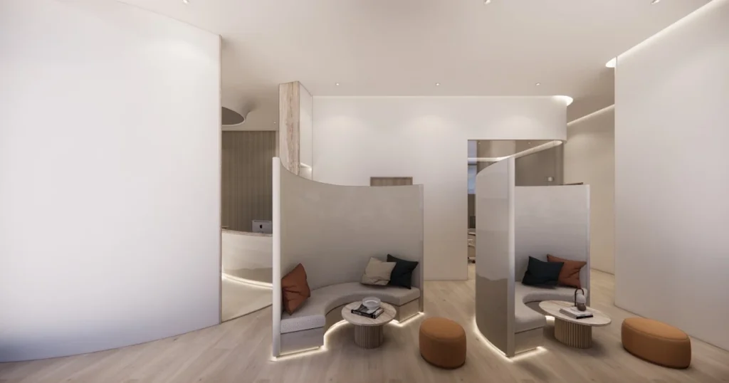 琢和診所候診區:米色調的現代化休息空間,提供舒適安心的候診體驗。