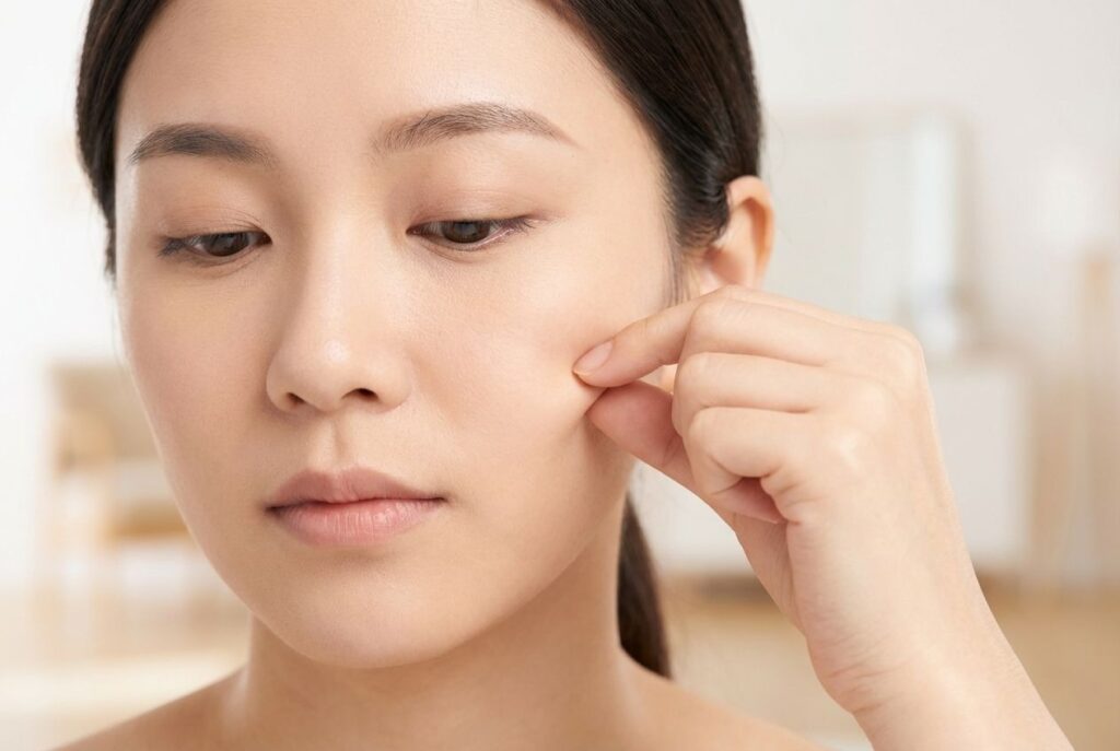 女性用手指捏臉頰，展示皮膚鬆弛。臉皮鬆弛顯老