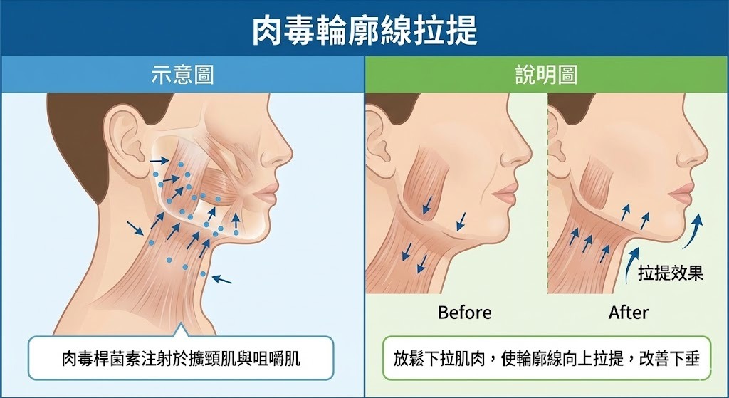 肉毒輪廓線拉提示意圖：注射肉毒桿菌素放鬆頸闊肌與咀嚼肌，改善下垂，達到拉提效果。