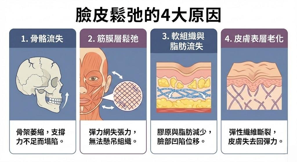 臉皮鬆弛的四大原因：骨骼流失、筋膜鬆弛、軟組織與脂肪流失、皮膚老化。說明臉皮鬆弛顯老的原因。