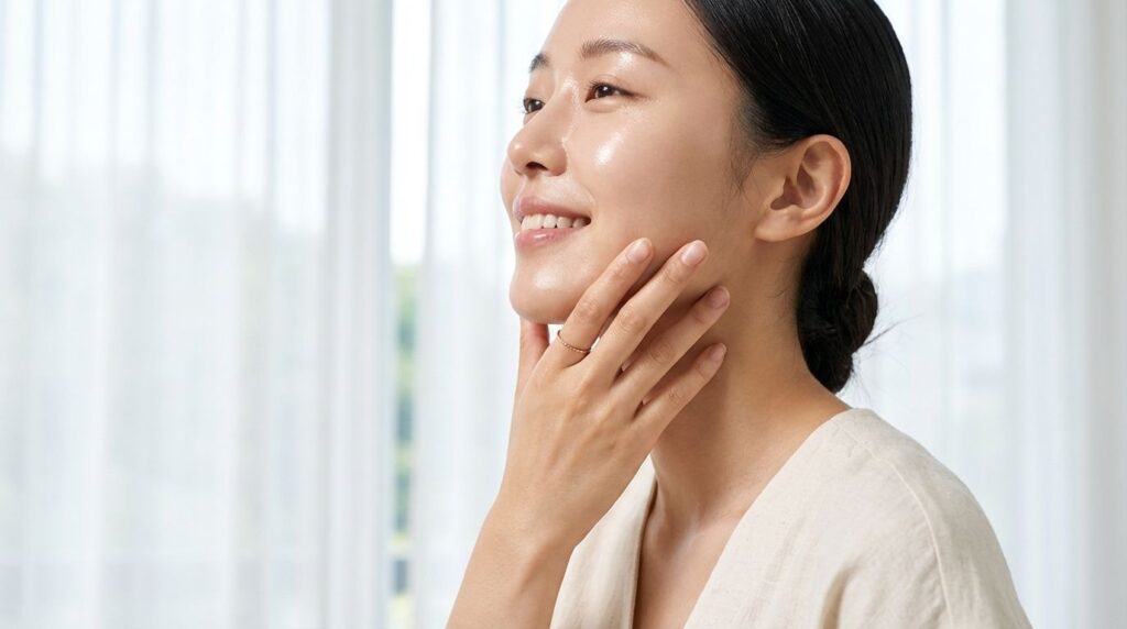 精靈電波術後，肌膚光澤的亞洲女性，手放在臉頰旁。