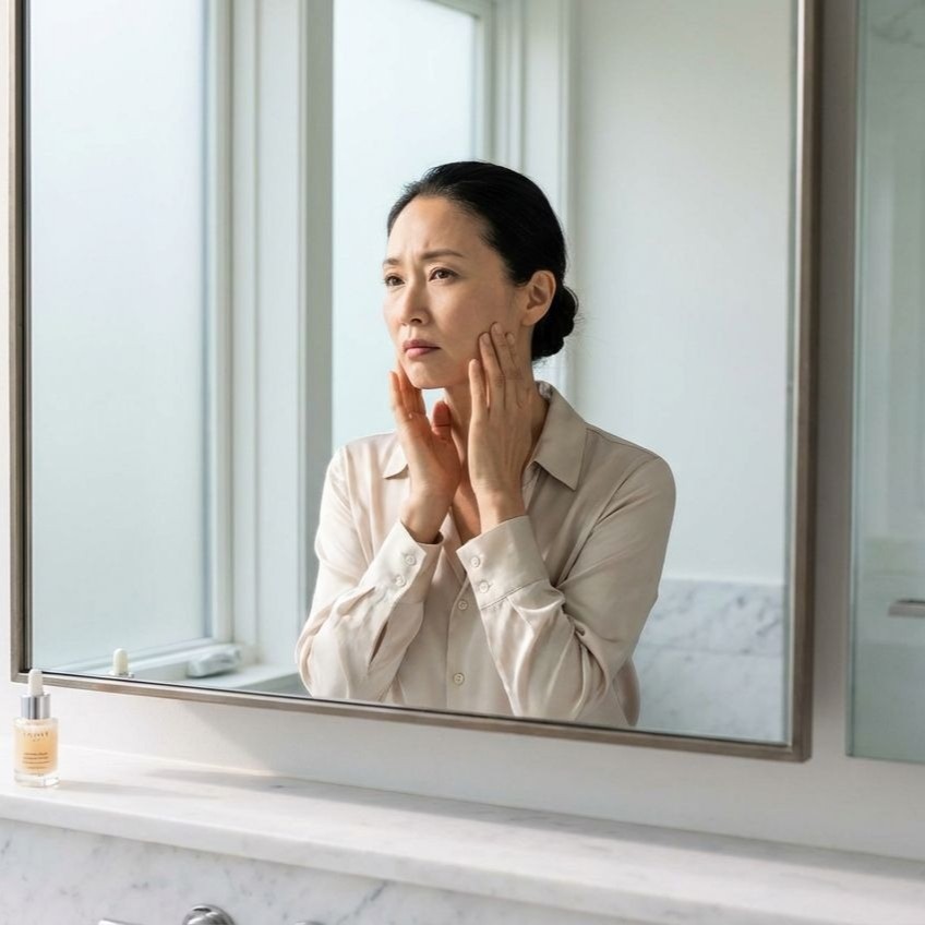 女士在浴室鏡子前檢查皮膚，可能擔心臉皮鬆弛。