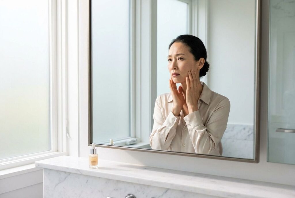 照鏡子的女士，用手檢查臉部皮膚，旁邊有保養品。「臉皮鬆弛顯老怎麼辦？」