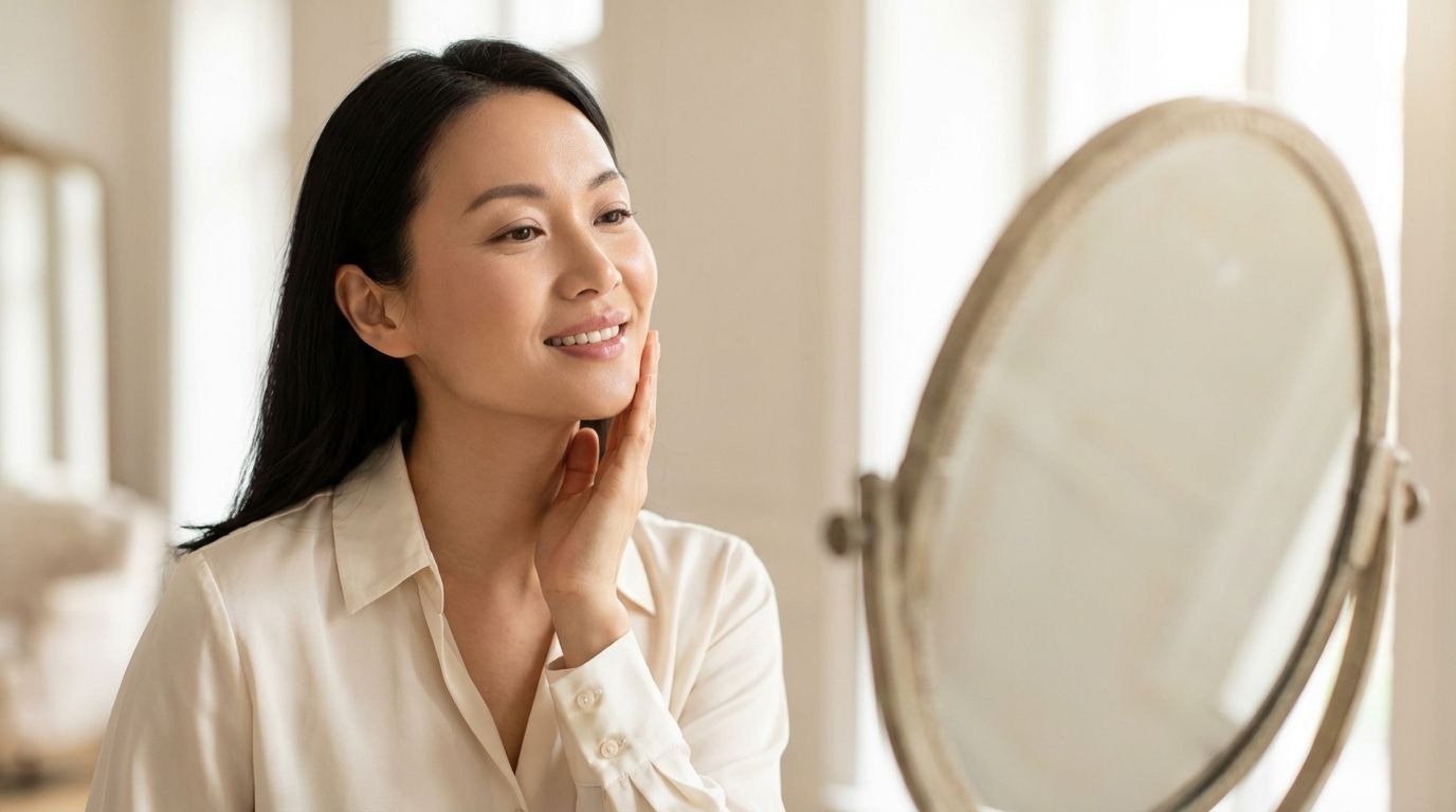 一位氣質優雅的熟齡女性在鏡子前滿意地觸摸自己緊緻的下顎線，展現埋線拉提術後的自信。