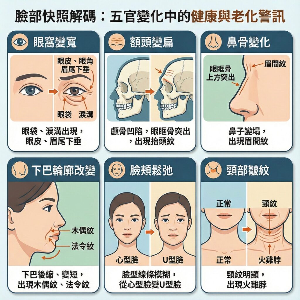 臉部老化警訊圖解:眼窩變寬、額頭變扁、鼻骨變化、下巴輪廓改變、臉頰鬆弛、頸部皺紋。抗老保養參考。