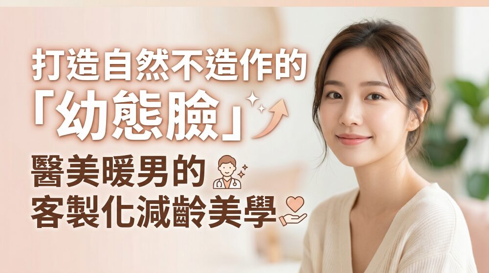 打造自然幼態臉：醫美療程廣告，展示一位年輕女性的臉部特寫。