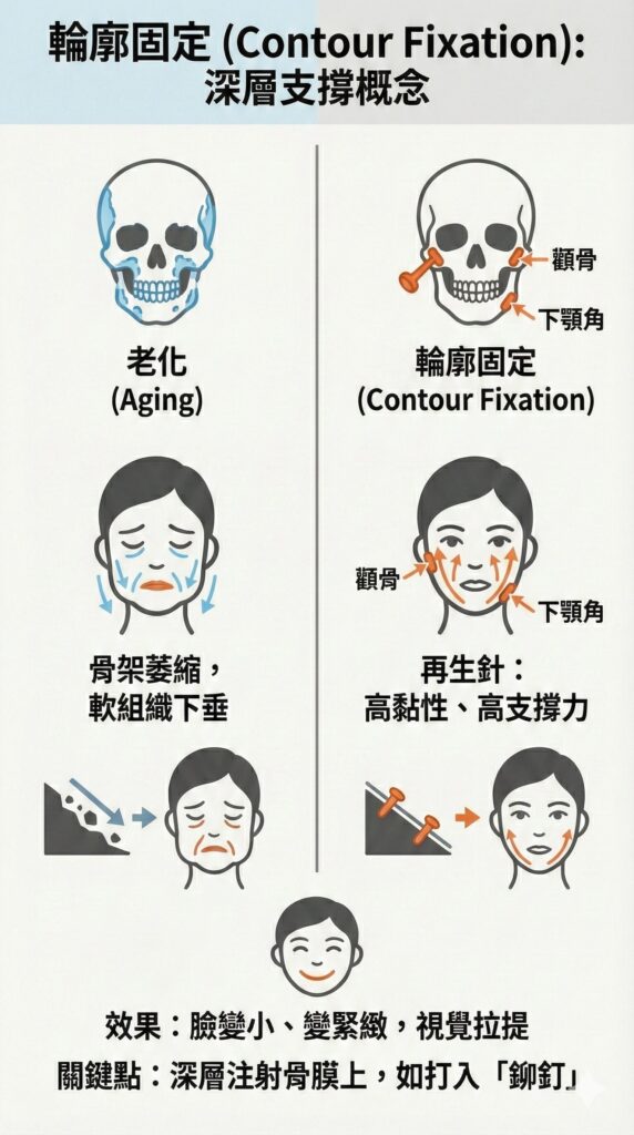 輪廓固定概念圖：老化骨架萎縮下垂，再生針注射支撐拉提臉部，視覺拉提變緊緻。