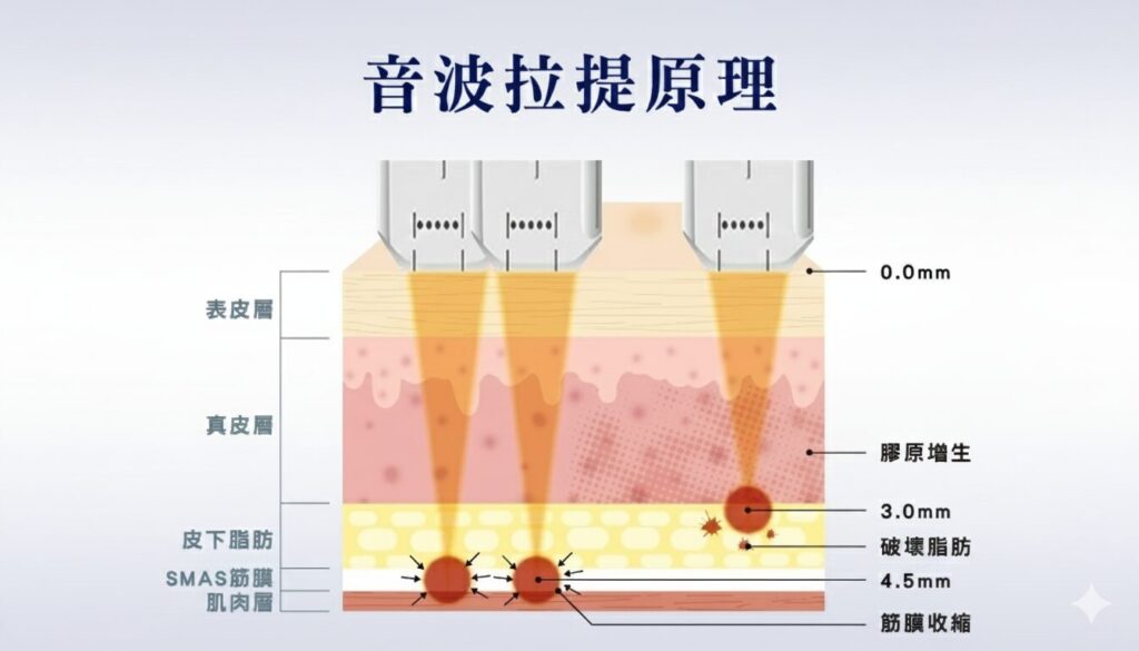 音波拉提原理圖解，顯示音波能量作用於表皮層、真皮層、皮下脂肪和SMAS筋膜，促進膠原增生和筋膜收縮。海芙音波/Q+音波拉皮原理。