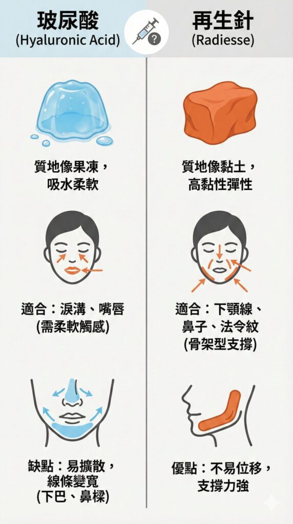 玻尿酸與再生針（晶亮瓷）效果比較圖：質地、適用部位、優缺點說明。再生針是什麼？
