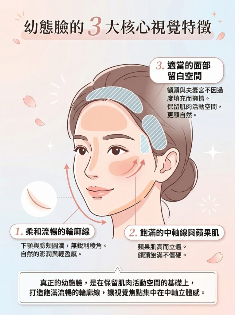 幼態臉三大視覺特徵：柔和輪廓線、飽滿中軸線蘋果肌、適當面部留白空間。