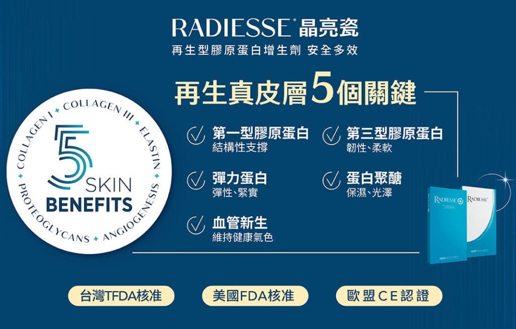Radiesse晶亮瓷廣告,展示再生真皮層的5個關鍵:第一型、第三型膠原蛋白,彈力蛋白,蛋白聚醣,血管新生。