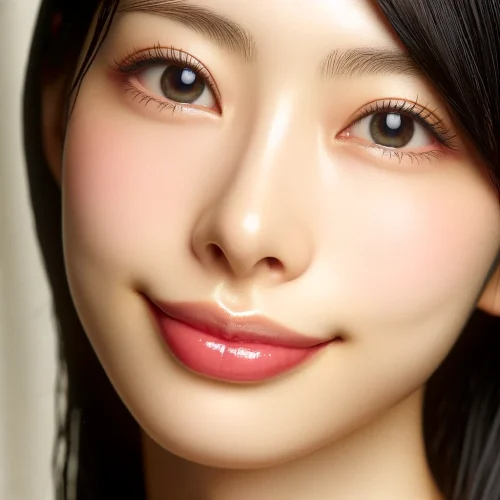 女子臉部特寫，展現迷人笑容和豐滿雙唇。花瓣狀唇形特別突出。