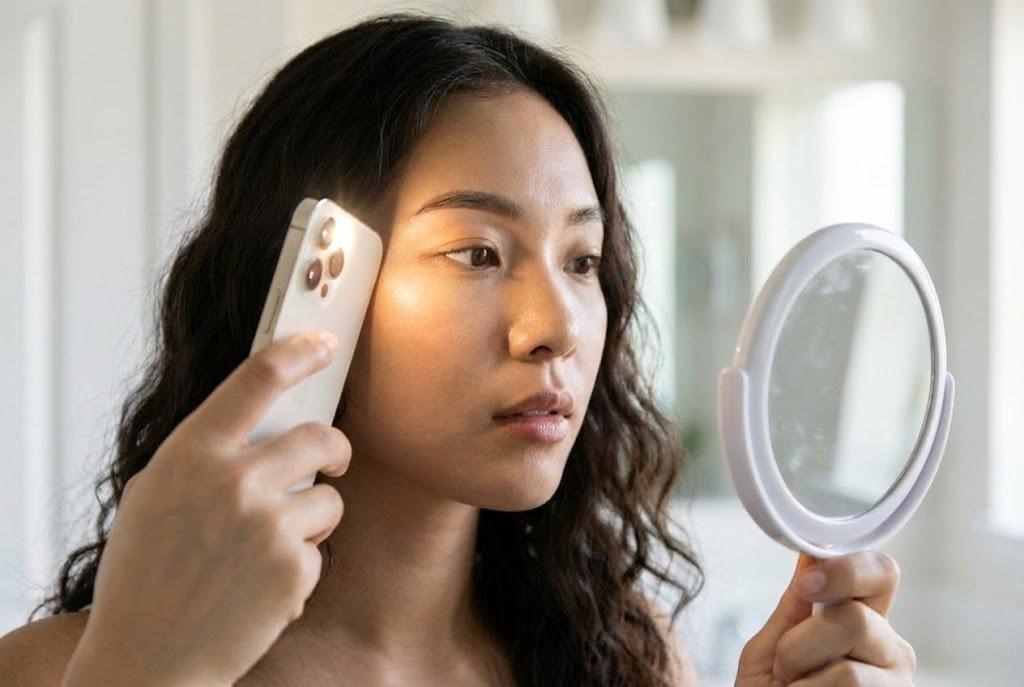 一位年輕女子手持手機在臉上,同時看著一面小鏡子。