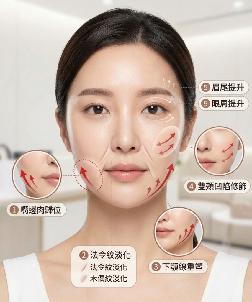 臉部提拉按摩示意圖，標示嘴邊肉歸位、法令紋淡化、下顎線重塑、雙頰修飾、眉尾眼周提升。