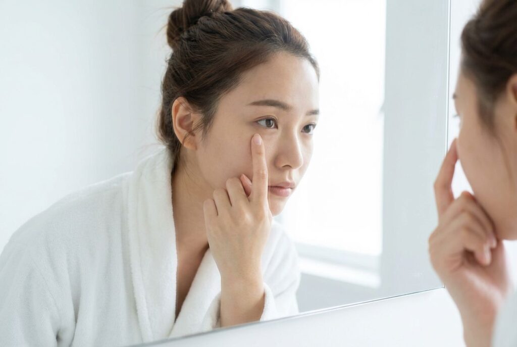 一位年輕女性在鏡子前仔細檢查眼下的淚溝和黑眼圈。 照鏡子的亞洲女性,手指放在眼睛下方。可能有黑眼圈或疲勞。