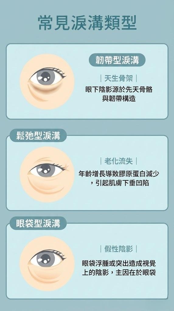 常見淚溝類型圖示:韌帶型、鬆弛型、眼袋型淚溝及其成因說明。