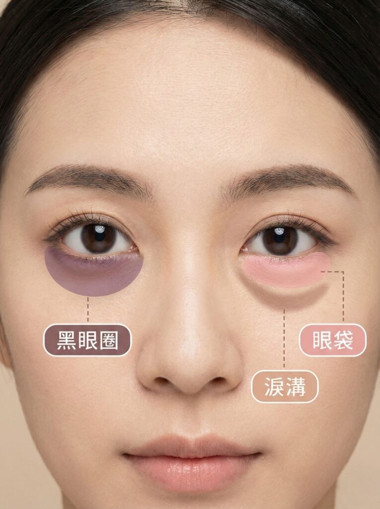 顯示黑眼圈、眼袋和淚溝的亞洲女性臉部特寫。「黑眼圈」、「眼袋」、「淚溝」文字標示。