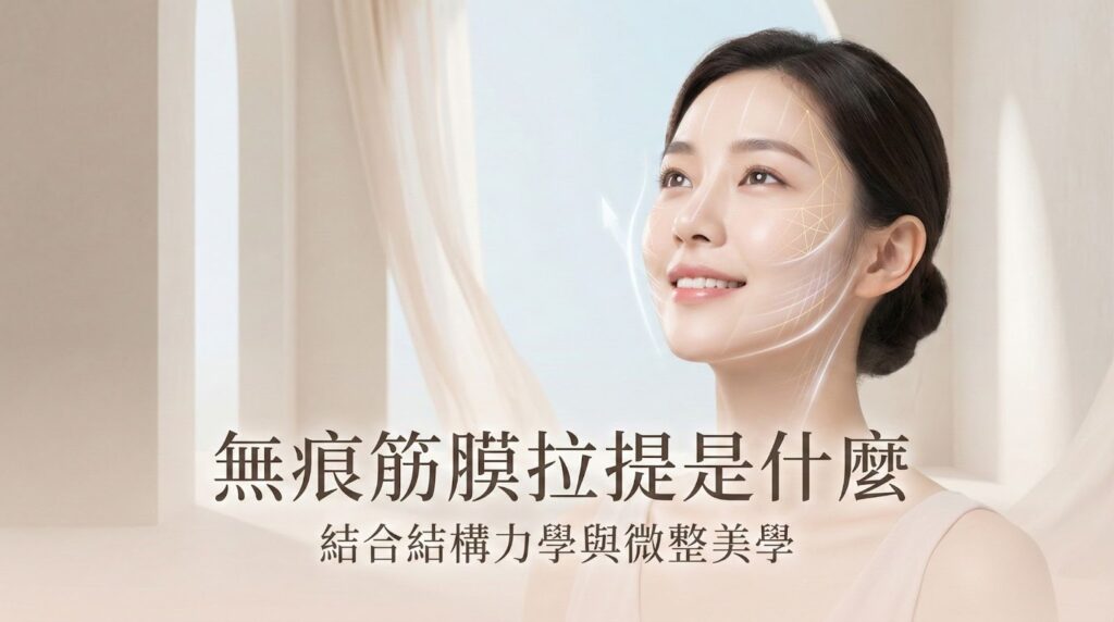 無痕筋膜拉提廣告：年輕亞洲女性，面部有提拉線條，文字「無痕筋膜拉提是什麼，結合結構力學與微整美學」。