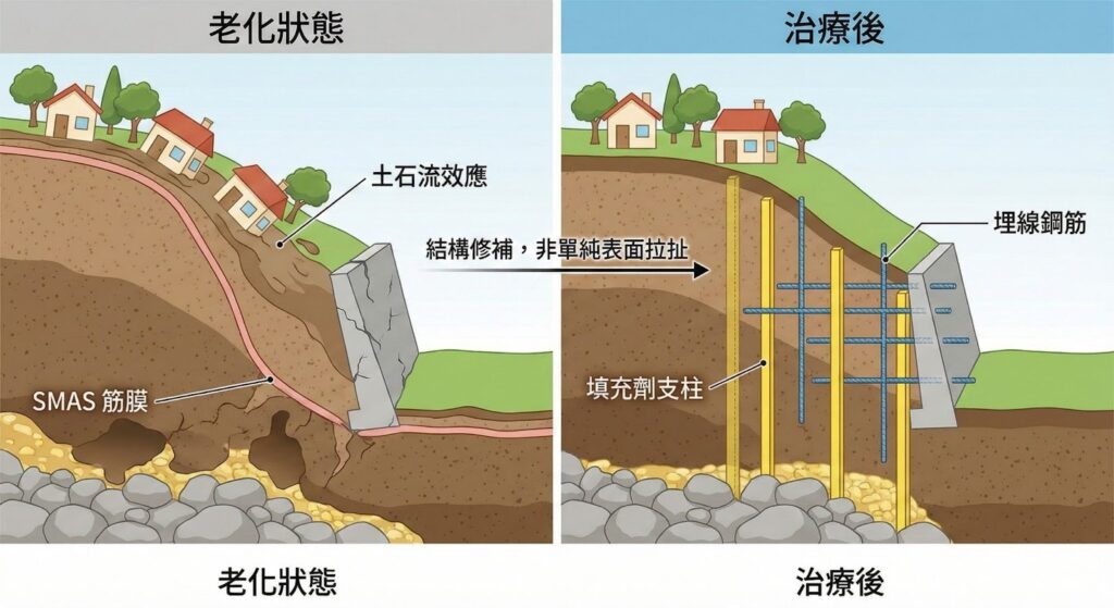 老化狀態的土石流，治療後以埋線鋼筋和填充劑支柱加固結構。SMAS筋膜。