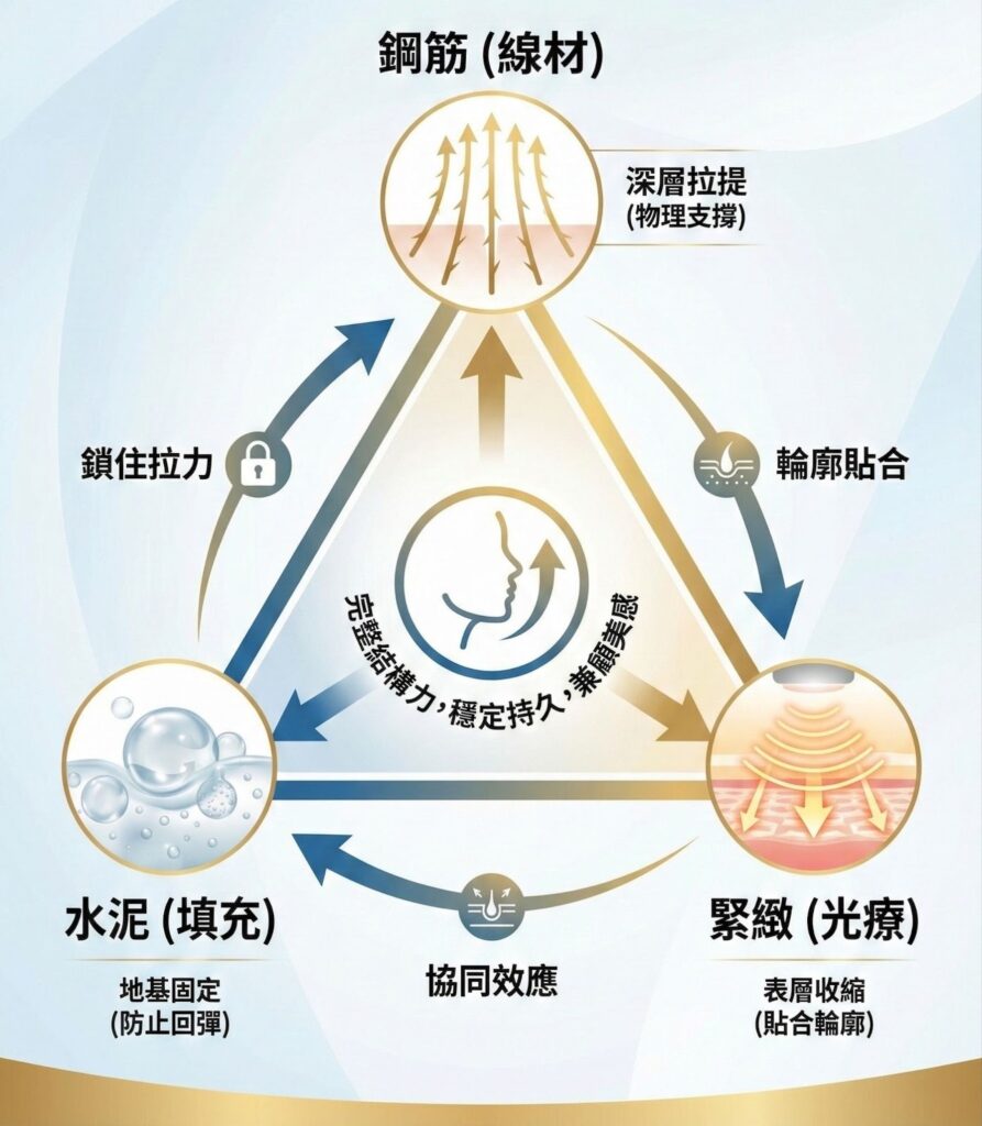 臉部拉提結構圖：鋼筋（線材）深層拉提，水泥填充地基固定，光療緊緻表層收縮。