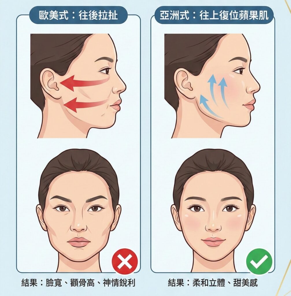 歐美與亞洲臉部拉提對比：歐美式顯臉寬顴骨高，亞洲式柔和立體甜美