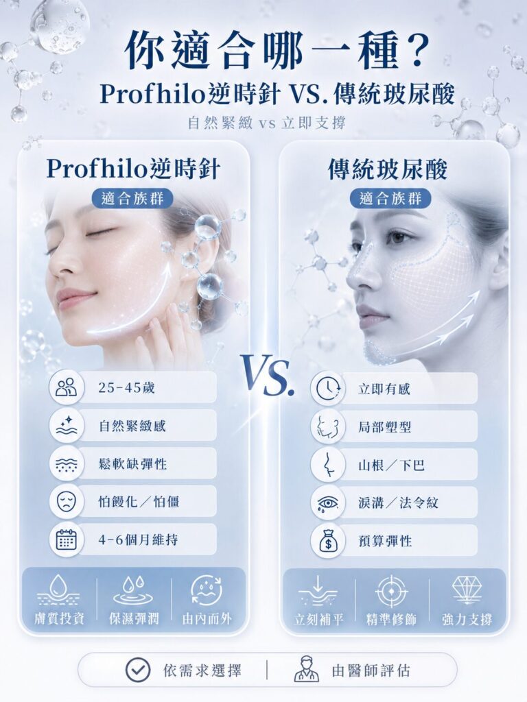 Profhilo逆時針與傳統玻尿酸比較:適合年齡、效果與原理