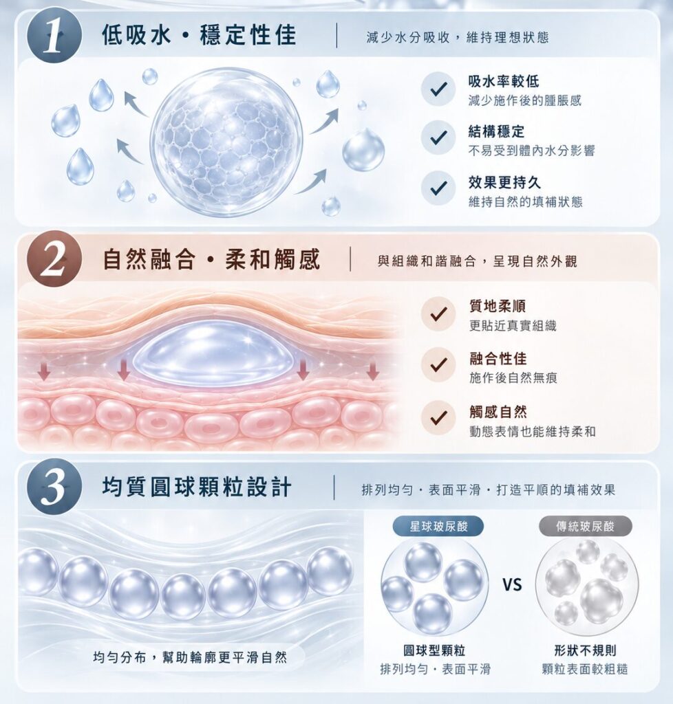 Revanesse 星球玻尿酸三大特色：低吸水、自然融合、均質顆粒設計