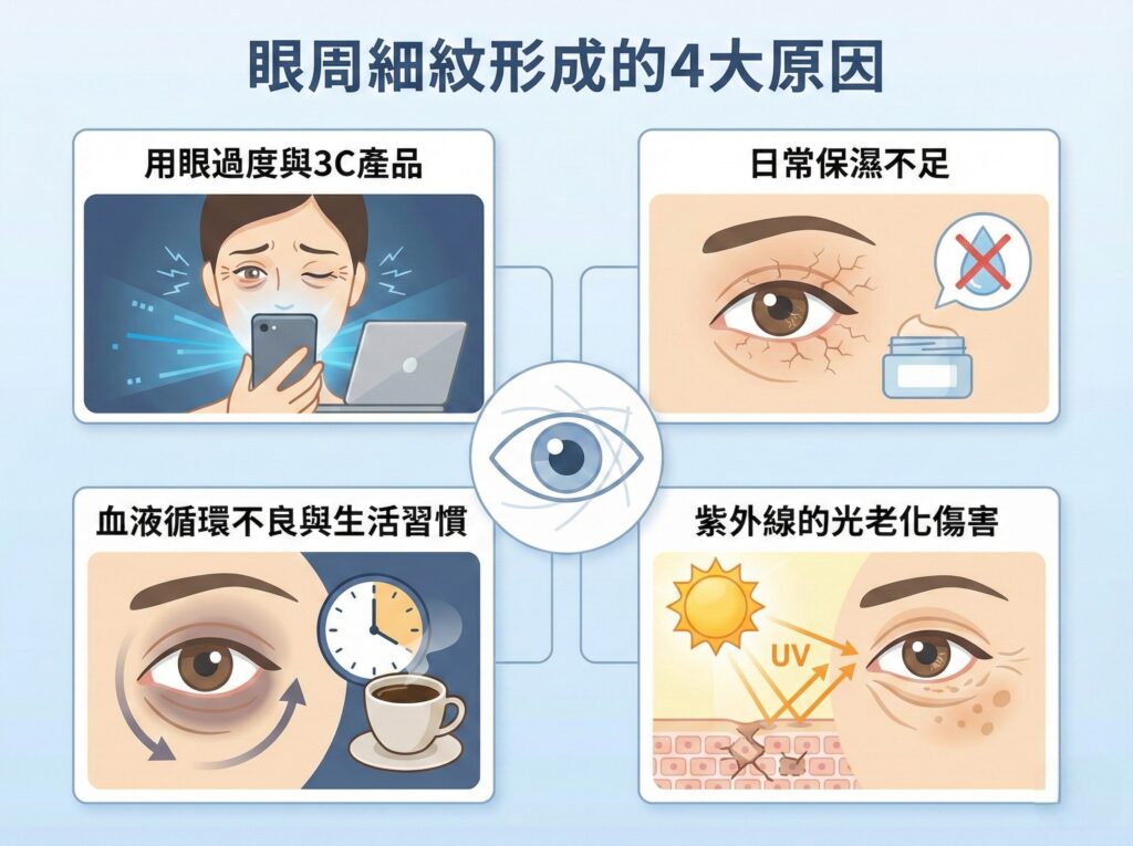 眼周細紋形成的四大原因：用眼過度、保濕不足、血液循環不良、紫外線傷害。「眼周紋路救星竟然是他？暖男醫生告訴你現在夯甚麼？」