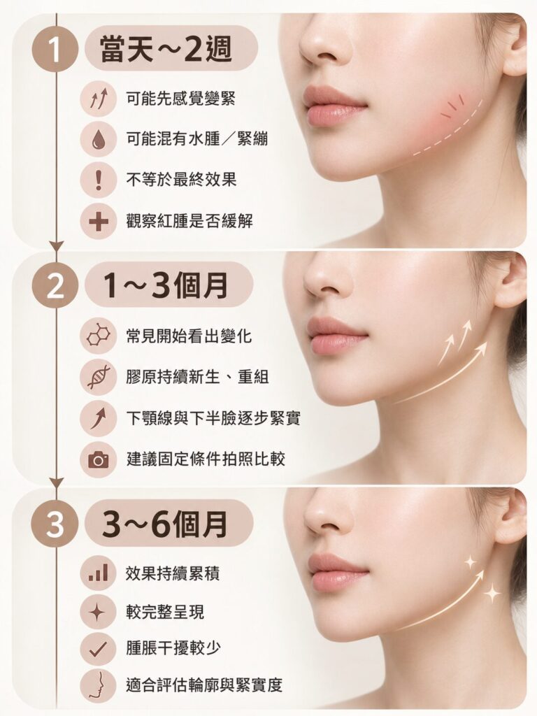 音波拉提術後時間軸：1週、1-3個月、3-6個月效果變化與維持期