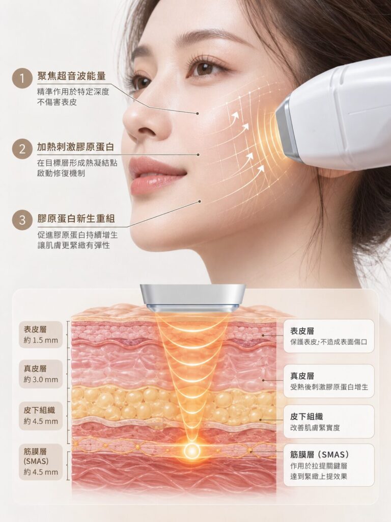 音波拉提作用原理示意圖：聚焦超音波能量，加熱刺激膠原蛋白新生，緊緻肌膚