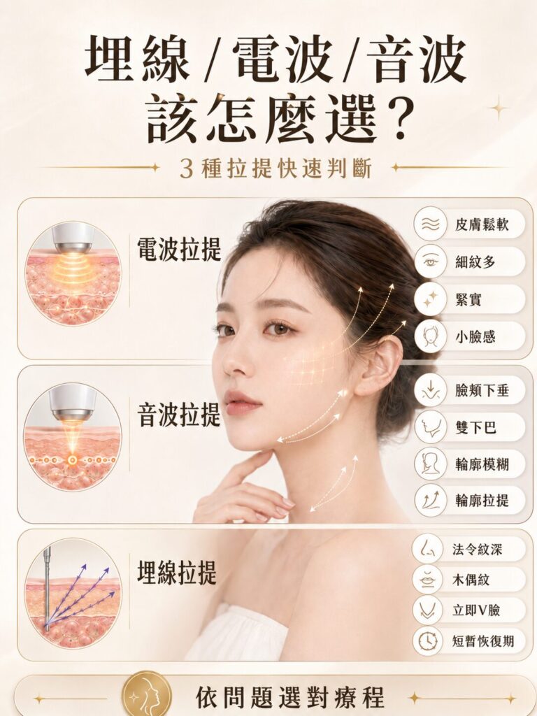 埋線拉提/電波/音波美容儀器效果比較，包含多種面部瘦臉和瘦腿功能