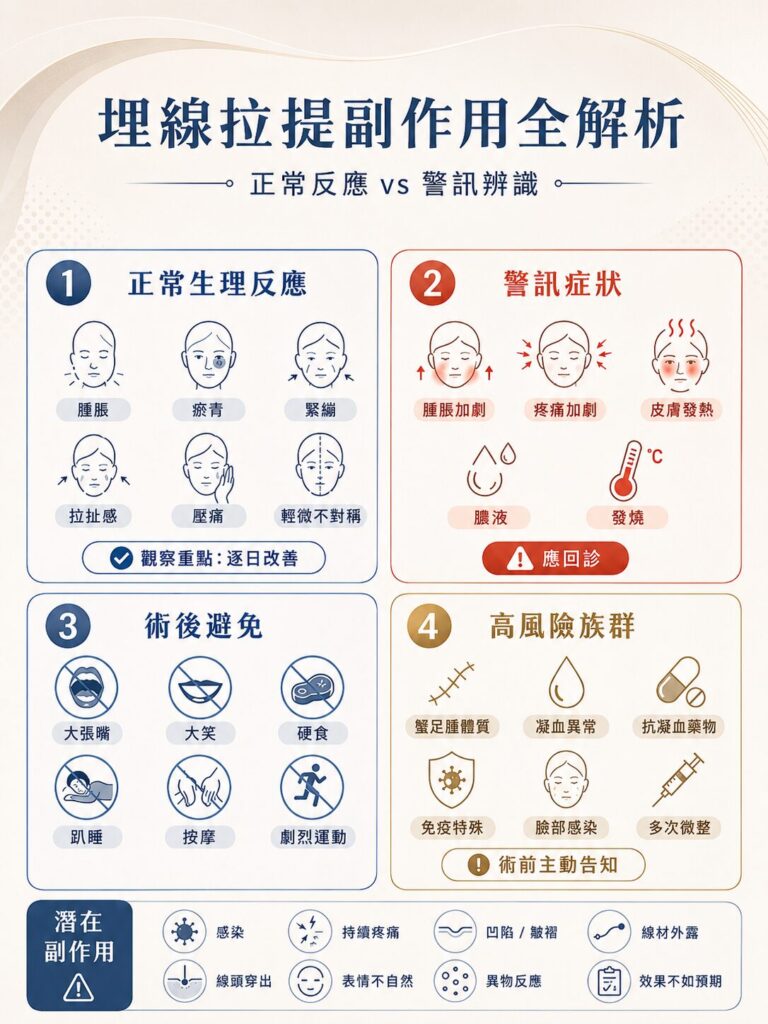 埋線拉提副作用圖表,展示副作用及預防方法