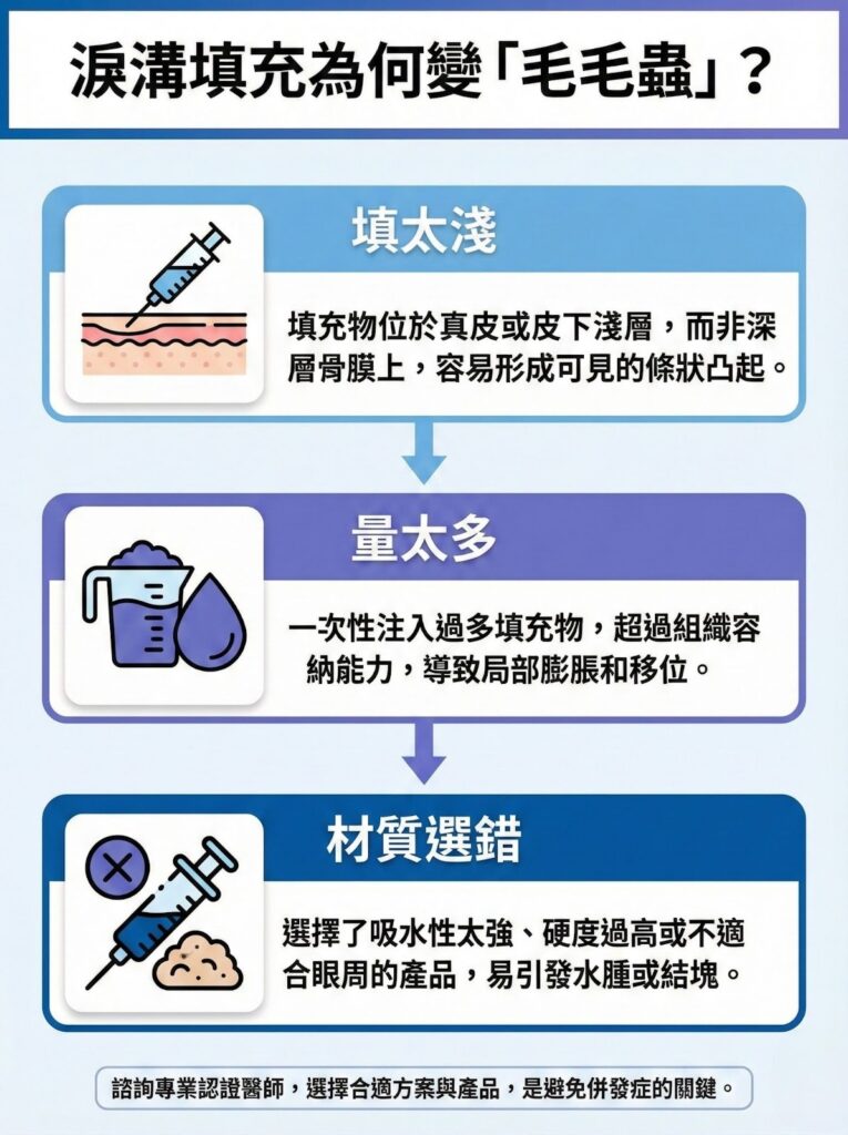 淚溝填充變毛毛蟲原因：填充太淺、量太多、材質選錯。諮詢醫師選合適方案避併發症。