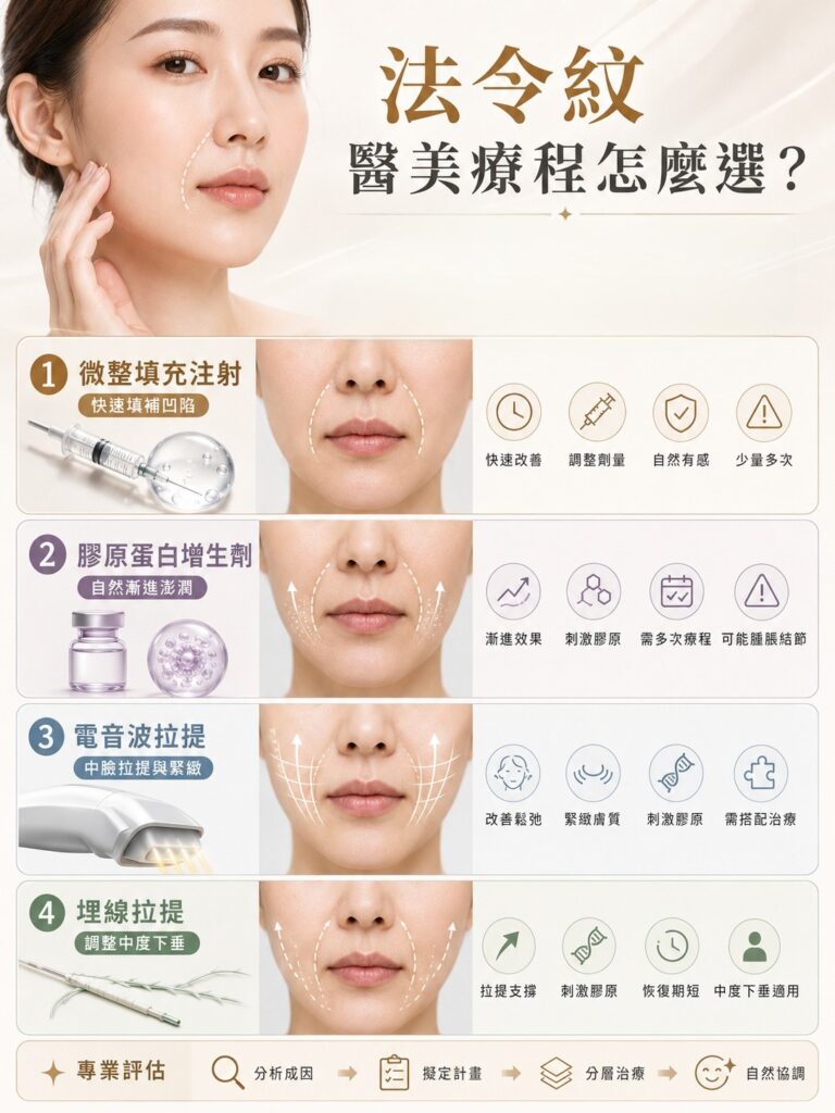 法令紋醫美療程比較：微整填注射、膠原蛋白增生、電音波拉提、埋線拉提