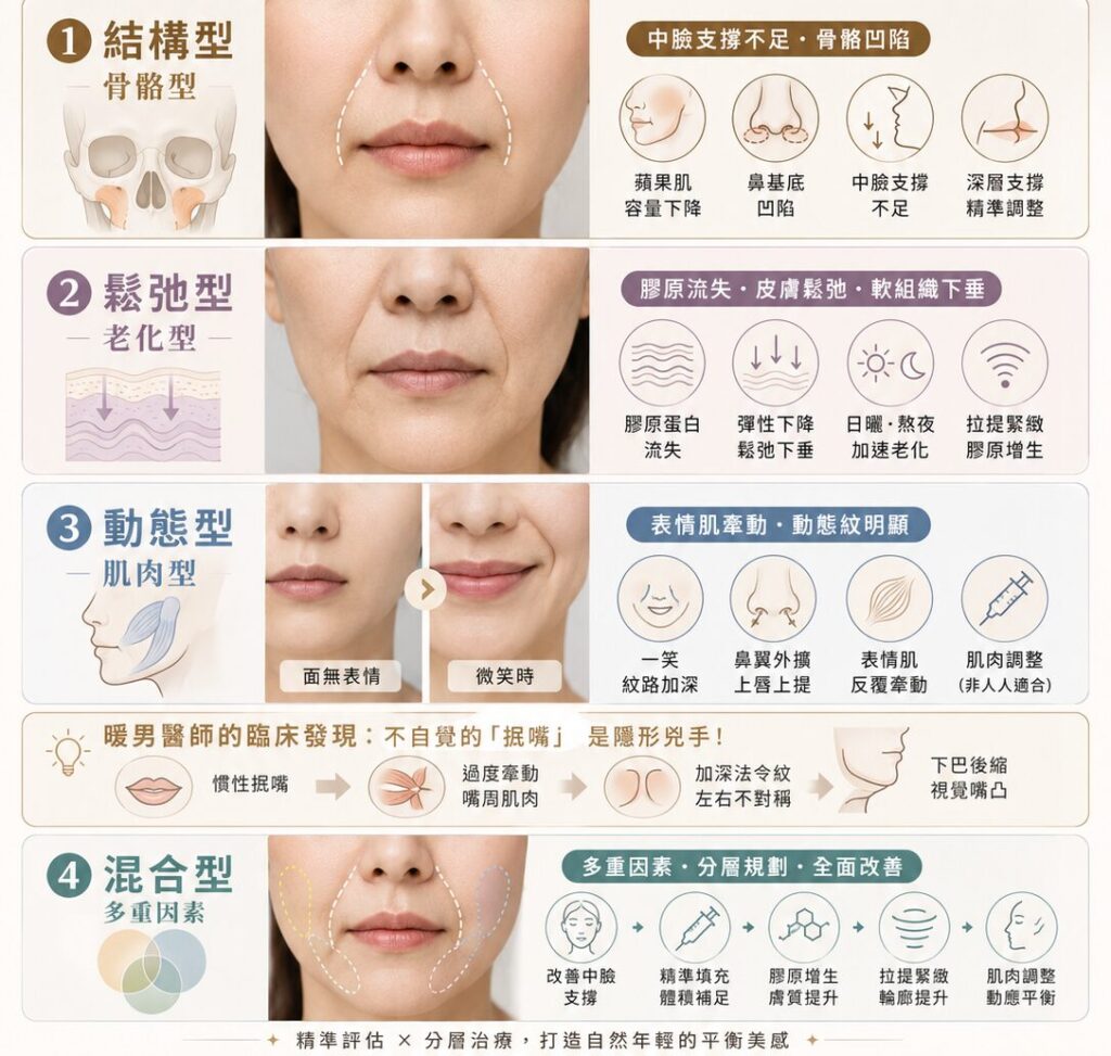 法令紋成因分析：結構型、鬆弛型、動態型、混合型，醫美療程建議