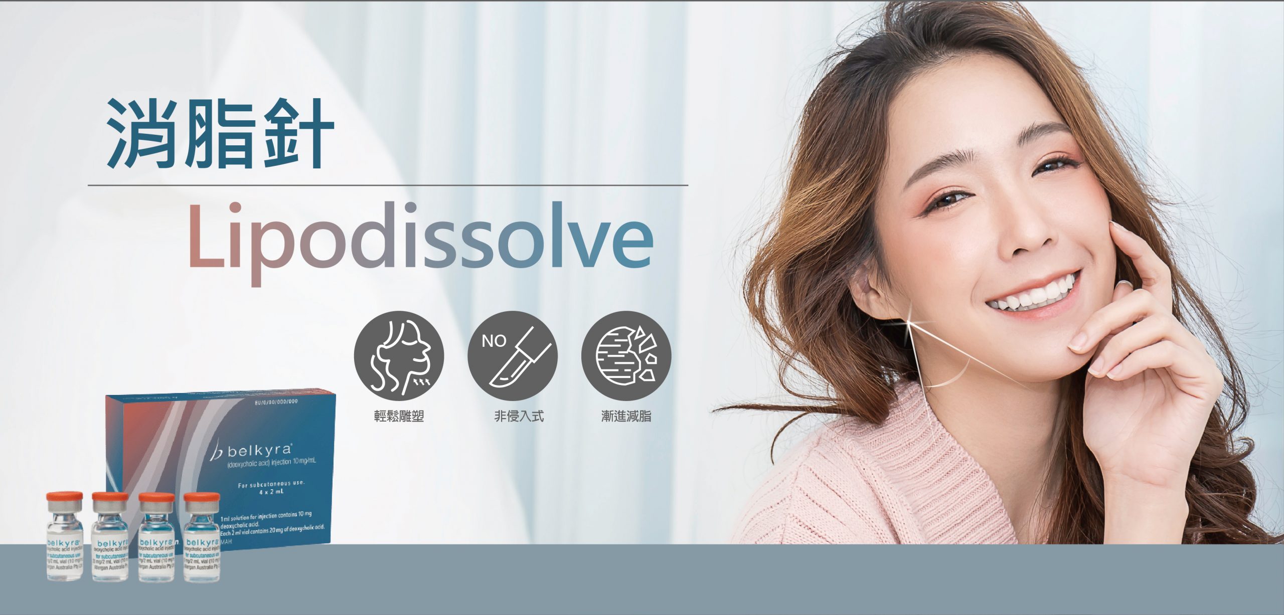 接受Lipodissolve(消脂針)治療後微笑的女士。非侵入式減脂。