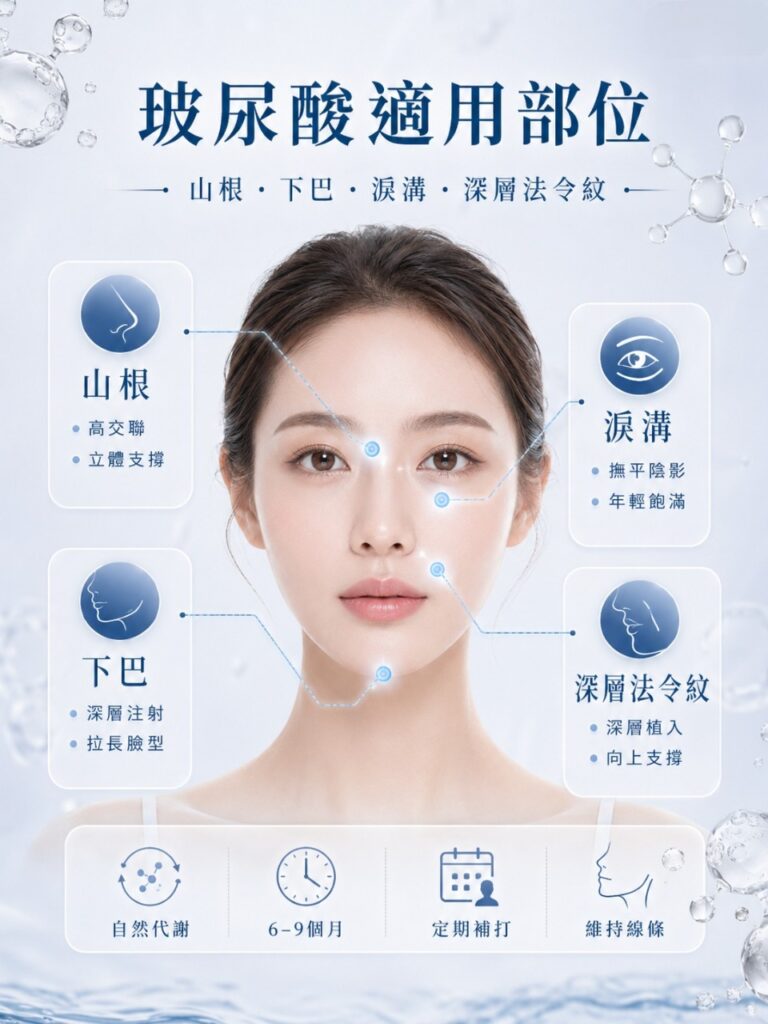 玻尿酸適用部位:山根、下巴、淚溝、法令紋,圖示說明注射位置與效果