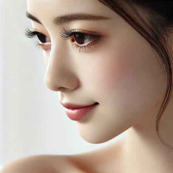 一位擁有完美肌膚和長睫毛的女性的特寫。