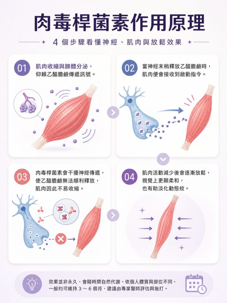 肉毒桿菌素作用原理圖:神經訊號傳遞、肌肉收縮與放鬆的四步驟說明。