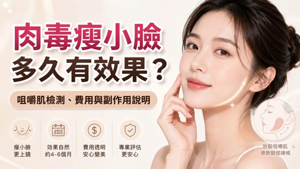 圖片顯示一位女性在說明肉毒瘦小臉的效果,並提到咀嚼肌檢測、費用與副作用