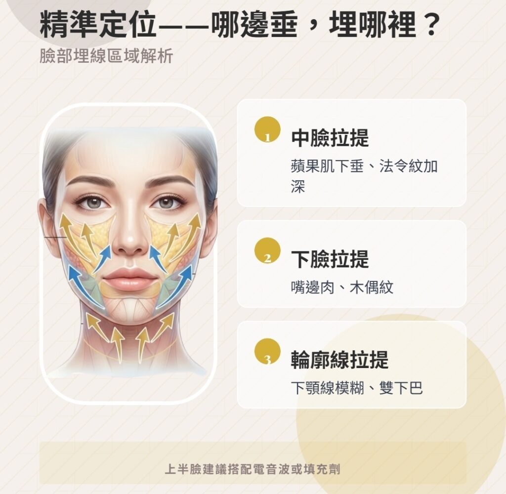 埋線拉提臉部區域解析圖:中臉、下臉、輪廓線拉提,標示蘋果肌、法令紋、嘴邊肉、雙下巴等。