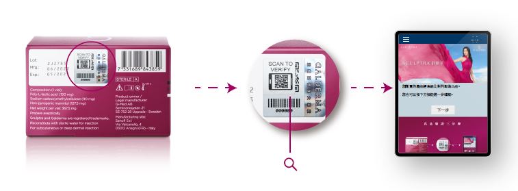 Sculptra童妍針認證：掃描包裝上的二維碼即可驗證產品真偽。