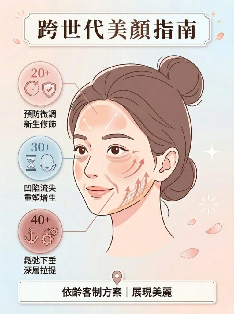 跨世代美顏指南:20+預防微調,30+重塑增生,40+深層拉提。客製化減齡美學方案示意圖。