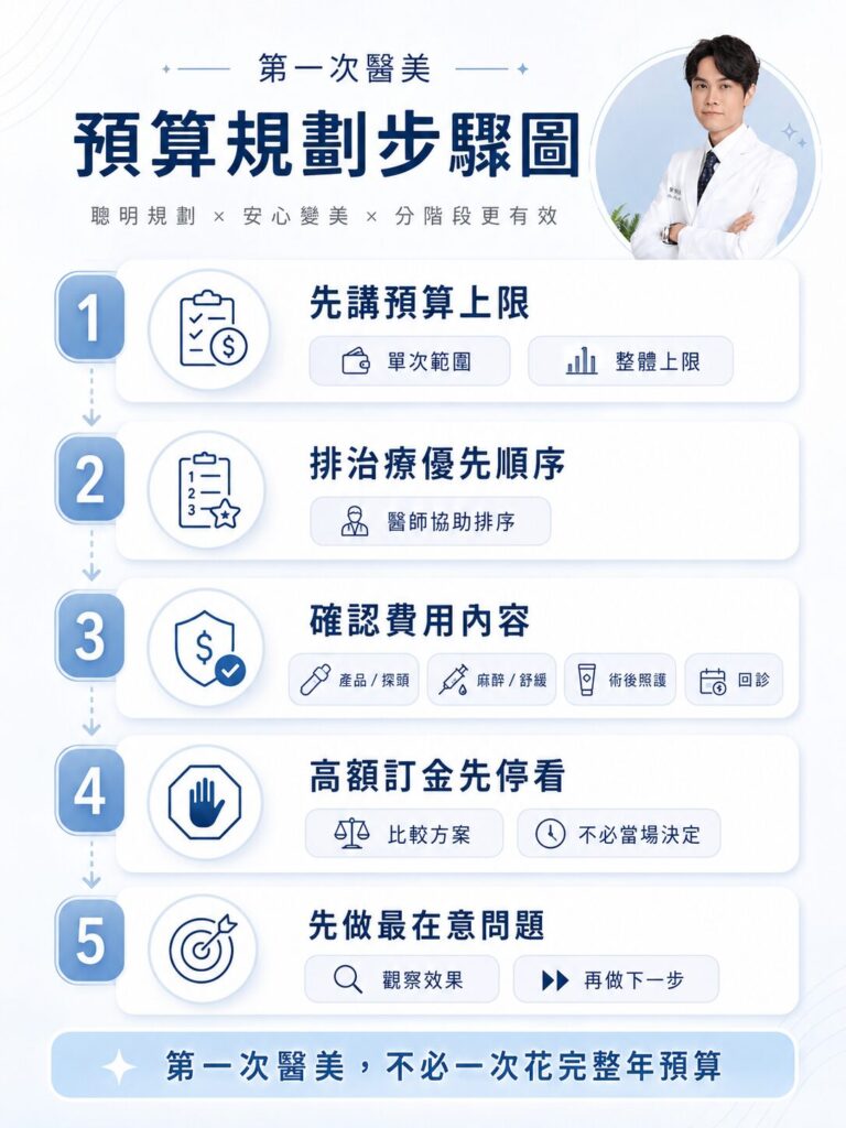醫美預算規劃步驟圖：預算上限、療程順序、費用確認、預算考量與術後規劃