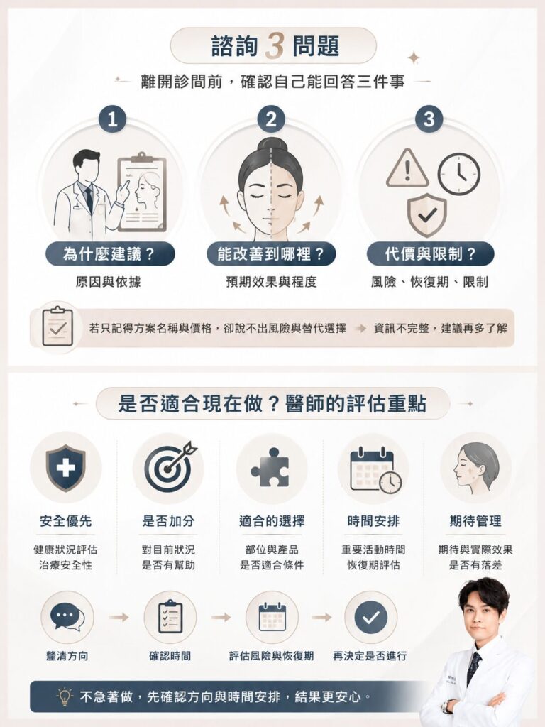 醫美諮詢重點：了解療程、預算、期待與術後恢復，醫師評估與溝通流程圖
