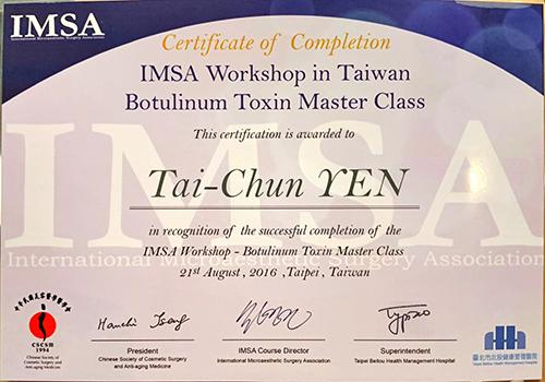IMSA Taiwan Botulinum Toxin Master Class Certificate